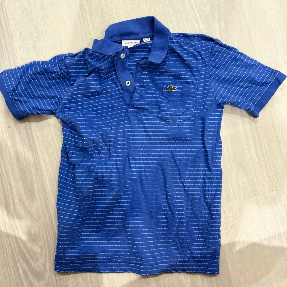 Boys Lacoste Polo‎ Short Sleeve Shirt Blue White Stripe Size 12